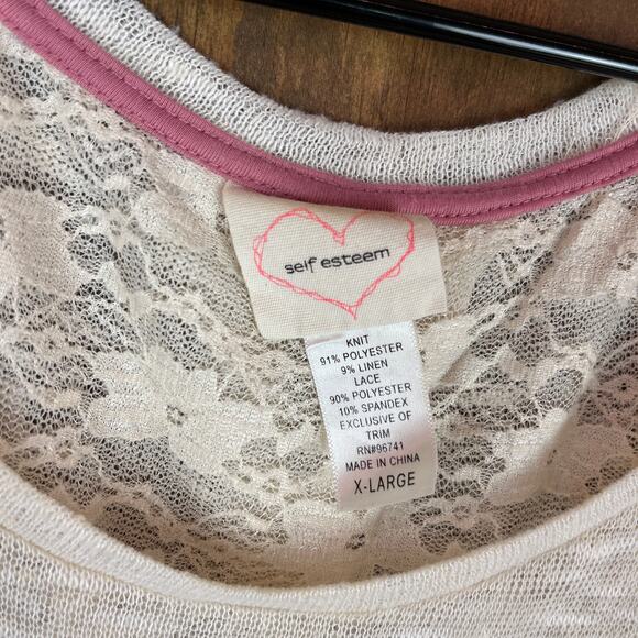 Self Esteem Womens Blouse Beige 3/4 Sleeve Knit Lace Open Back Sheer Linen XL - Picture 6 of 11
